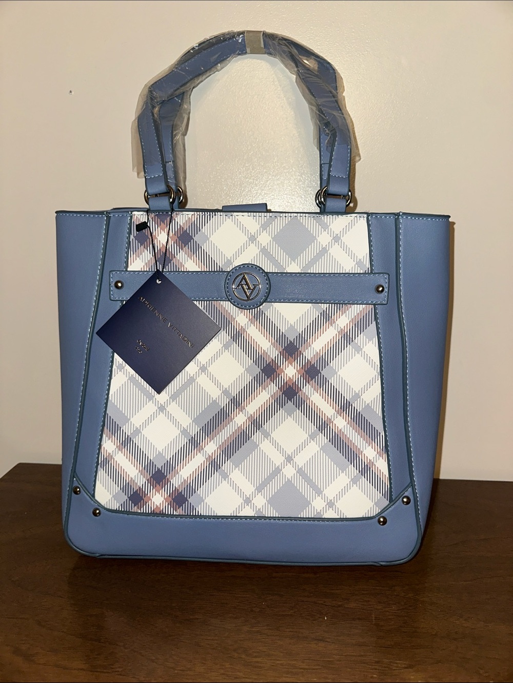 Adrienne Vittadini Light Blue Plaid Tote Bag